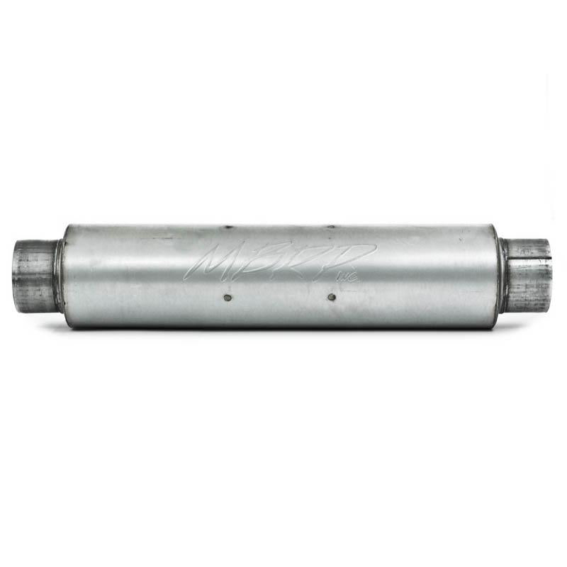 MBRP universal quiet tone muffler with 4-inch inlet/outlet, 24-inch aluminum body, 6-inch diameter, 30-inch overall length.