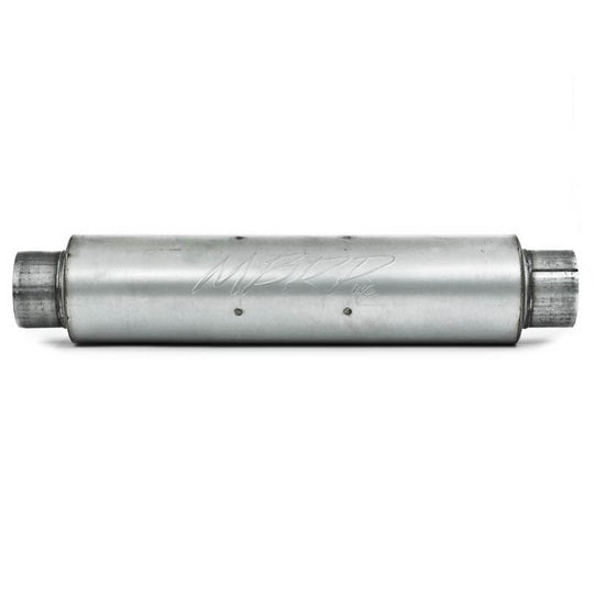 MBRP universal quiet tone muffler with 4-inch inlet/outlet, 24-inch aluminum body, 6-inch diameter, 30-inch overall length.