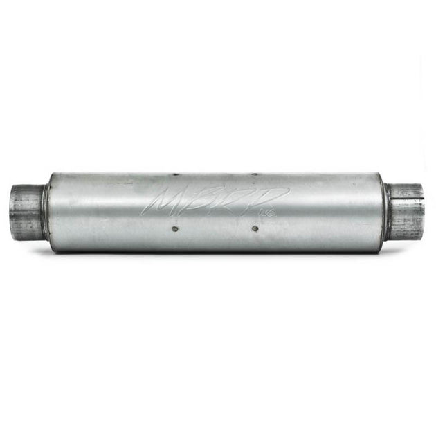 MBRP universal quiet tone muffler with 4-inch inlet/outlet, 24-inch aluminum body, 6-inch diameter, 30-inch overall length.