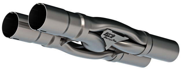 Borla SwitchFire X-pipe with 2.5-inch inlet and outlet, notched connecting pipes, stainless steel construction, automotive exhaust part