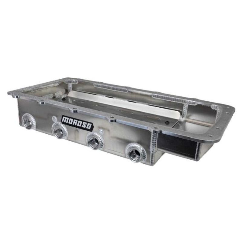 Moroso Ford Coyote Road Race dry sump aluminum oil pan with detailed construction and mounting features for high-performance engines.