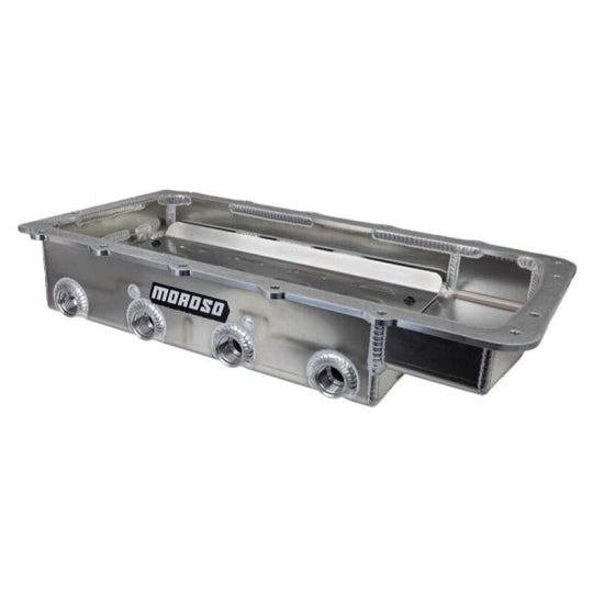Moroso Ford Coyote Road Race dry sump aluminum oil pan with detailed construction and mounting features for high-performance engines.