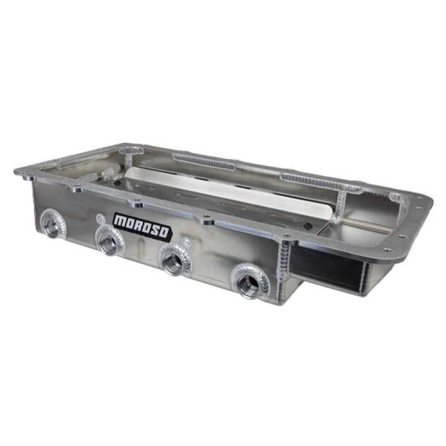 Moroso Ford Coyote Road Race dry sump aluminum oil pan with detailed construction and mounting features for high-performance engines.