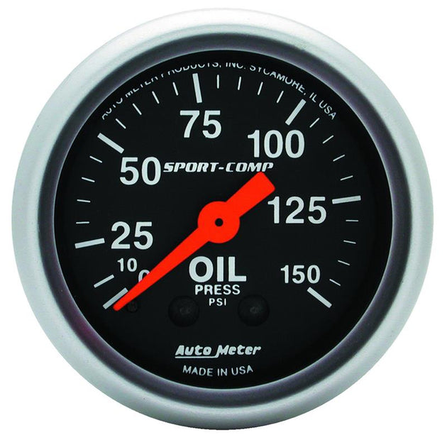 AutoMeter Sport Comp 52mm mechanical oil pressure gauge showing a dial with PSI markings from 0 to 150 for automotive use.