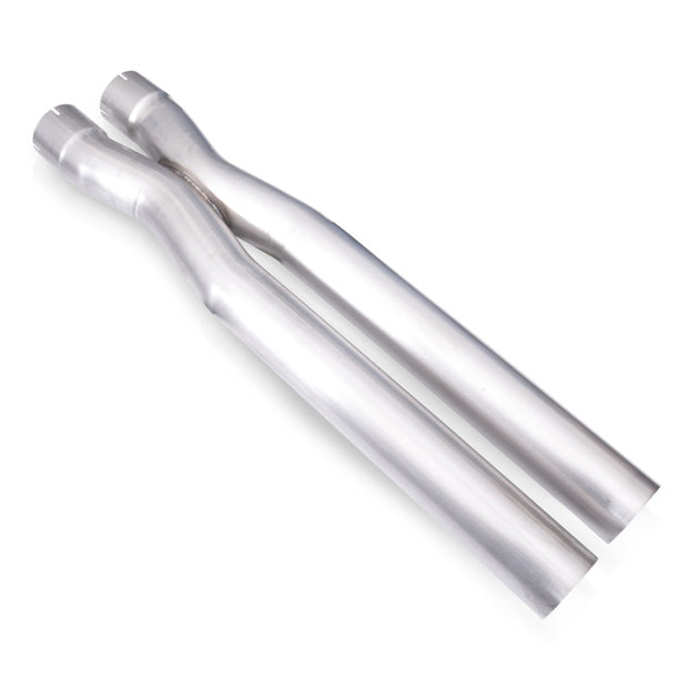 Stainless Works 3-inch X-Pipe connecting pipes with 4.125-inch center-to-center, featuring 3-inch inlet IDs, for automotive exhaust.