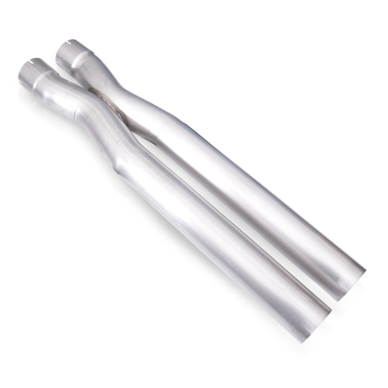 Stainless Works 3-inch X-Pipe connecting pipes with 4.125-inch center-to-center, featuring 3-inch inlet IDs, for automotive exhaust.