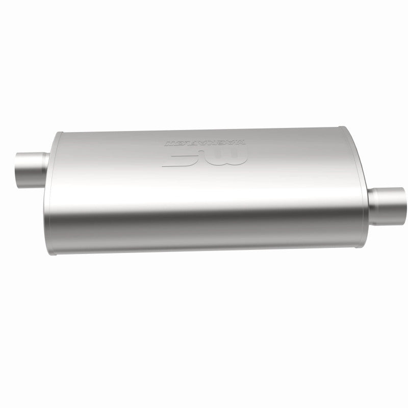 MagnaFlow Mag SS muffler with 22x5x11 inch dimensions and 3x3 inlet/outlet, showing its stainless steel construction and sleek design.