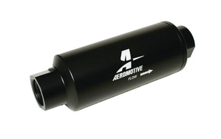 Aeromotive Marine AN-12 fuel filter with 100 micron stainless steel element for marine engine fuel filtration.