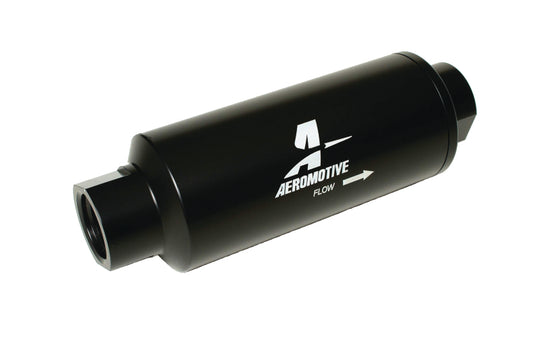 Aeromotive Marine AN-12 fuel filter with 100-micron SS element showing metal body and filter element for marine fuel filtration.