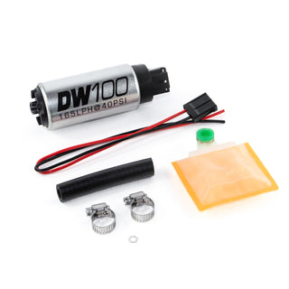 DeatschWerks 165 LPH in-tank fuel pump with universal installation kit, shown with pump and installation components.