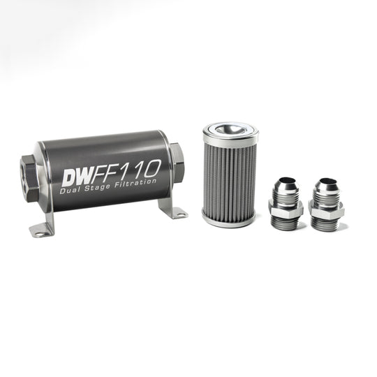 DeatschWerks stainless steel 10AN inline fuel filter housing kit with 100 micron filter element, featuring a compact 110mm design.