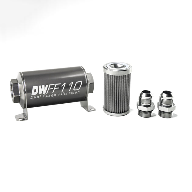 DeatschWerks stainless steel 10AN inline fuel filter housing kit with 100 micron filter element, featuring a compact 110mm design.