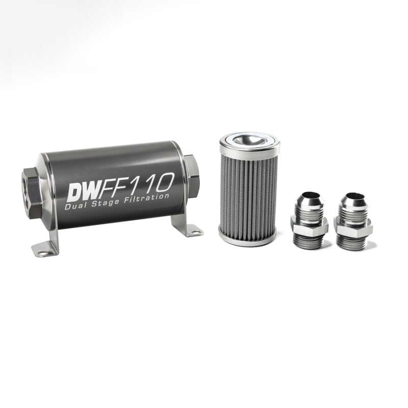 DeatschWerks stainless steel 10AN inline fuel filter housing kit with 100 micron filter element, featuring a compact 110mm design.