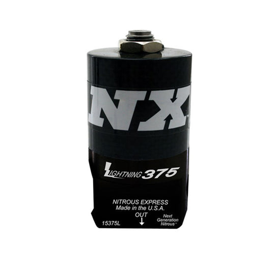 Nitrous Express Lightning 375 Nitrous Solenoid showing metal body and wiring for automotive nitrous systems.