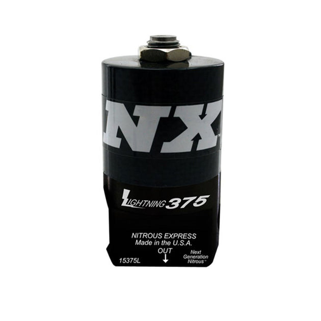 Nitrous Express Lightning 375 Nitrous Solenoid showing metal body and wiring for automotive nitrous systems.
