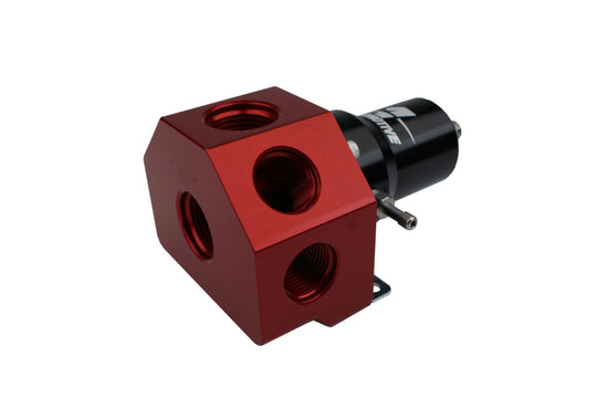 Aeromotive fuel pressure regulator with 30-120 PSI range, .500 valve, 4 AN-08 and AN-10 inlets, and AN-10 bypass.