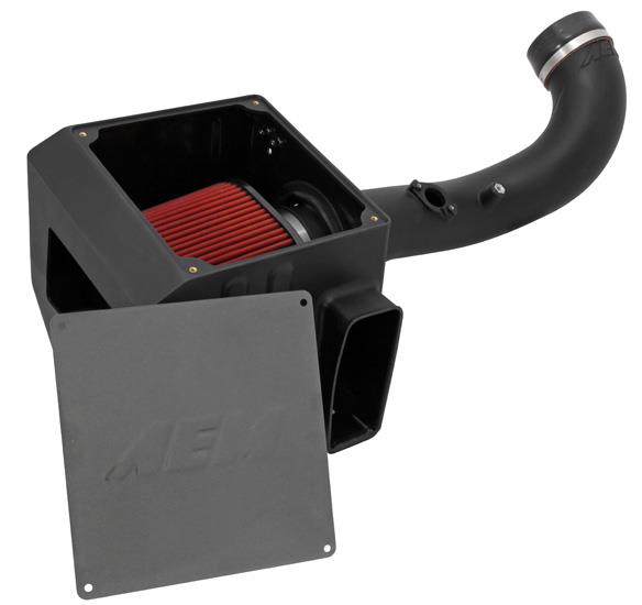 AEM 09-10 GM Silverado/Sierrra 5.3L V8 cold air intake system with black plastic intake tube and filter.