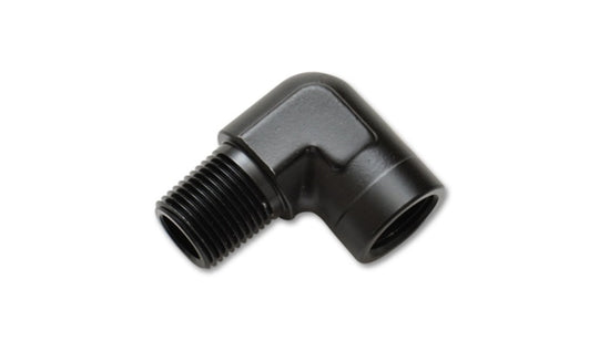 Vibrant 1/4 inch NPT female to male 90-degree pipe adapter fitting showing threaded ends and right-angle design