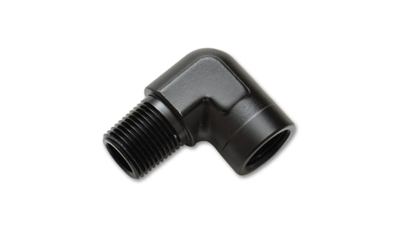 Vibrant 1/2 inch NPT female to male 90-degree pipe adapter fitting shown with metal construction and threaded ends.