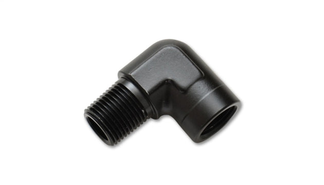 Vibrant 1/2 inch NPT female to male 90-degree pipe adapter fitting shown with metal construction and threaded ends.