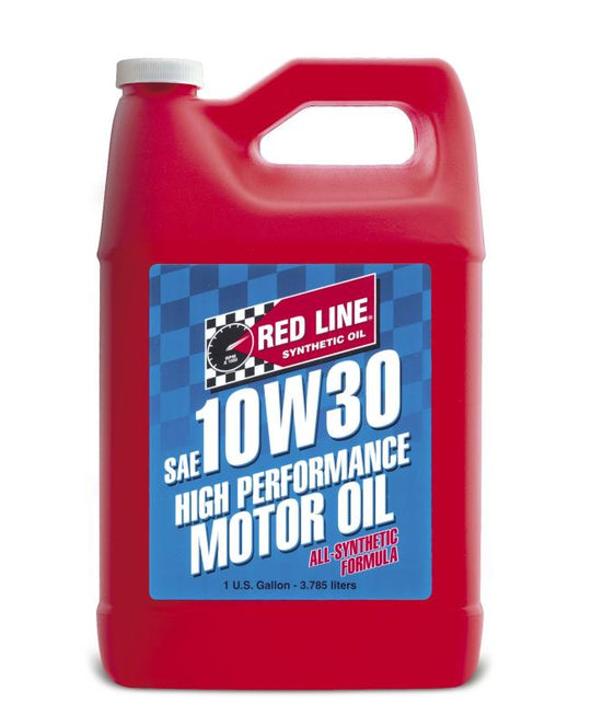 Red Line 10W30 motor oil gallon container with label and cap, suitable for automotive engine lubrication.