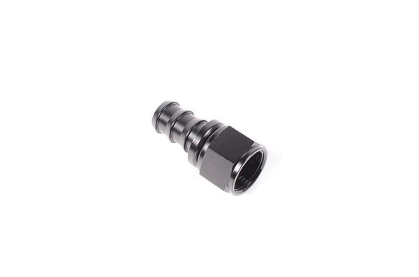 Radium Engineering Pushlok Hose End 12AN Straight fitting, black anodized aluminum for automotive or racing fuel and oil hoses.