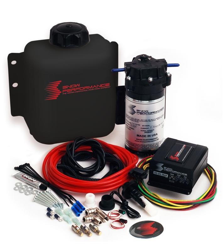 Snow Performance Stage 2 Boost Cooler water injection kit with SS braid line and 4AN fittings for engine cooling and performance.