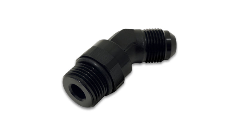 Vibrant black -8AN male to -10AN male straight cut 45-degree adapter fitting with anodized finish, designed for high-performance fluid connections.