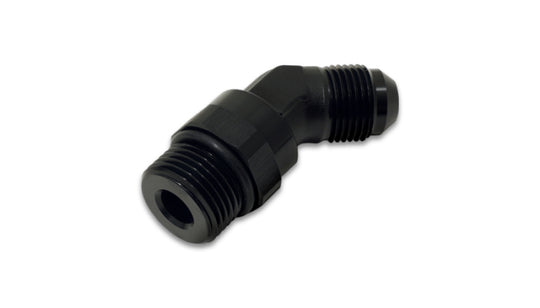 Vibrant black -6AN male flare to -8AN ORB swivel 45-degree adapter fitting, high-quality anodized black finish.