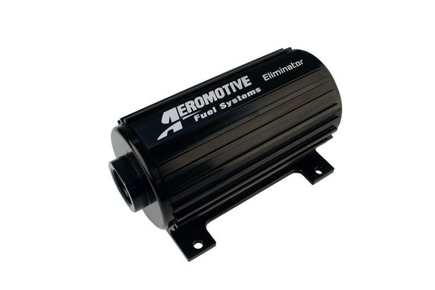 Aeromotive Eliminator-Series fuel pump for EFI or carb applications, shown in a close-up image with metal housing and connection ports.
