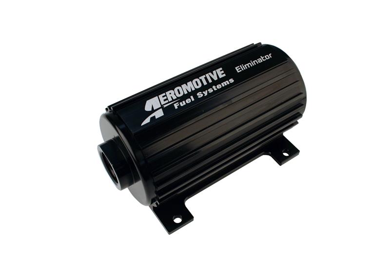 Aeromotive Eliminator-Series fuel pump for EFI or carb applications, shown in a close-up image with metal housing and connection ports.