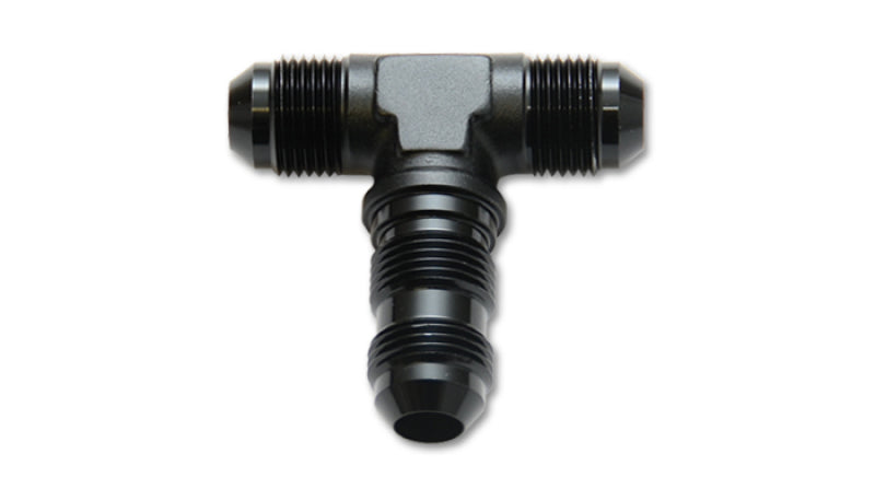 Vibrant black anodized -6AN bulkhead adapter tee fitting for high-performance fluid connections and custom automotive setups.