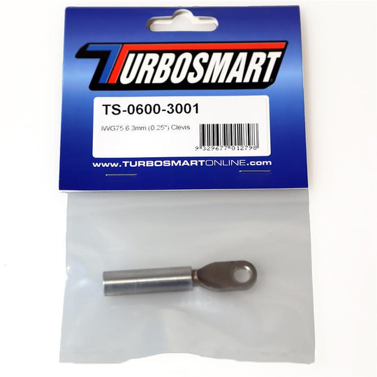 Turbosmart IWG75 6.3mm internal wastegate clevis for turbocharger wastegate accessories, black metal component with adjustable arm