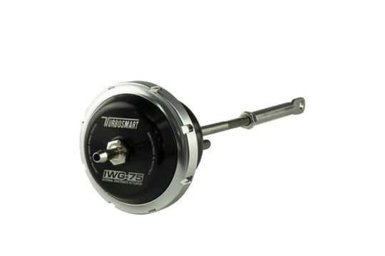 Turbosmart IWG75 black internal wastegate actuator for Ford Mustang 2.3L turbo, 14 PSI boost, compatible with Turbonetics NXT.