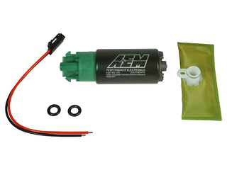 AEM 340LPH 65mm fuel pump kit with mounting hooks, ethanol-compatible, shown with pump and mounting components.