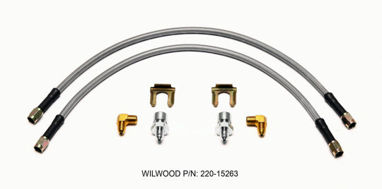 Wilwood flexline brake line kit with 18-inch M10x1.50 and 1/8-27 NPT 90-degree fittings, showing metal braided hoses and fittings