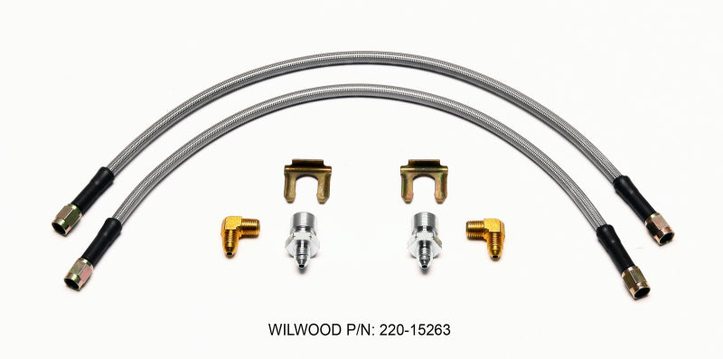 Wilwood flexline brake line kit with 18-inch M10x1.50 and 1/8-27 NPT 90-degree fittings, showing metal braided hoses and fittings