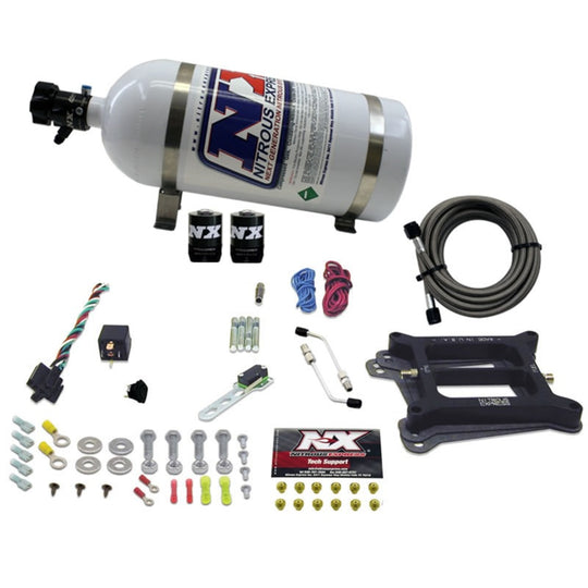 Nitrous Express 4150 4-BBL gasoline nitrous kit with 10lb bottle for 50-300HP, shown with hoses and fittings.