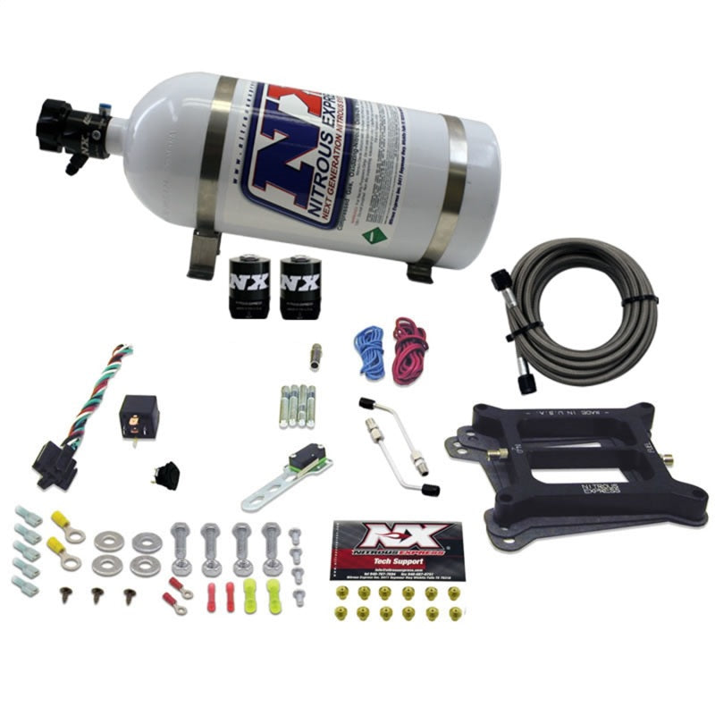 Nitrous Express 4150 4-BBL gasoline nitrous kit with 10lb bottle for 50-300HP, shown with hoses and fittings.
