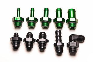 Radium Engineering 5/16-inch barb to 6AN bulkhead fitting showing metal fitting with barbed end and threaded connector.