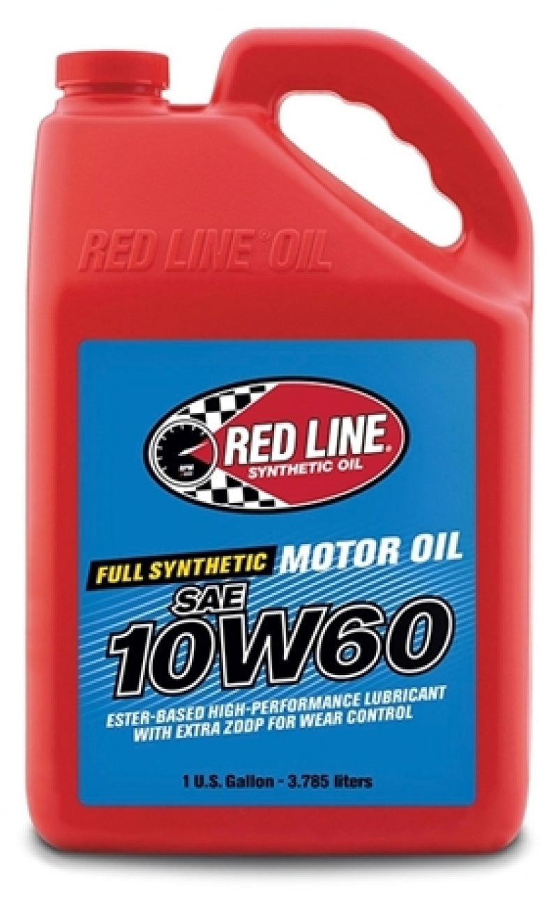 Red Line 10W60 motor oil gallon container, showing the red and white label with product details and filling spout.