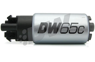 DeatschWerks 265 LPH compact in-tank fuel pump with clips and universal installation kit for automotive fuel systems.