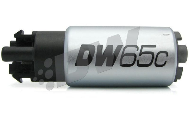 DeatschWerks 265 LPH compact in-tank fuel pump with clips and universal install kit, designed for automotive fuel systems.