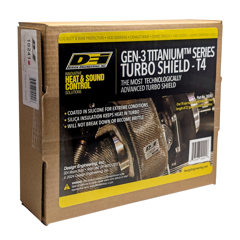 DEI Gen-3 Turbo Shield T4 turbo blanket shield in titanium, designed for high-temperature turbocharger protection and performance.