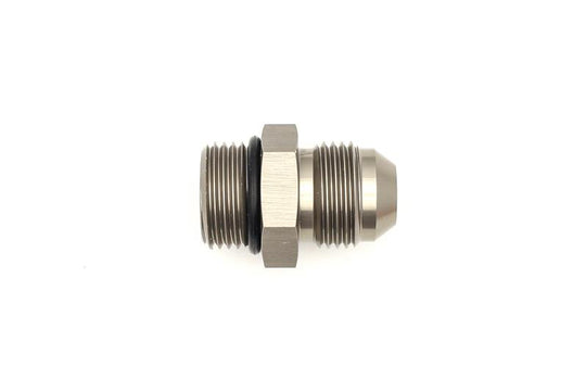 DeatschWerks 8AN ORB Male to 8AN Male fitting with O-ring, showing the metal connectors and sealing surface for fuel or oil lines.