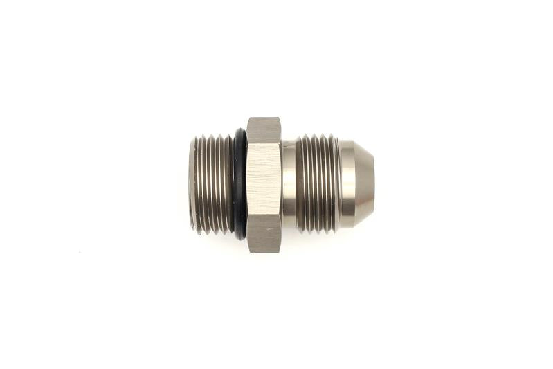 DeatschWerks 8AN ORB Male to 8AN Male fitting with O-ring, showing the metal connectors and sealing surface for fuel or oil lines.