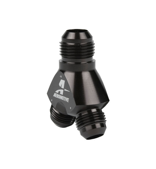 Aeromotive AN-10 Y-Block fitting with two AN-08 fittings for fuel or oil lines, made of durable metal.