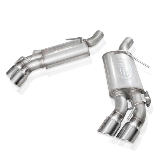 Stainless Works 2016+ Chevy Camaro SS axle back exhaust with red 3-inch quad tips, valve system, and factory connect design.