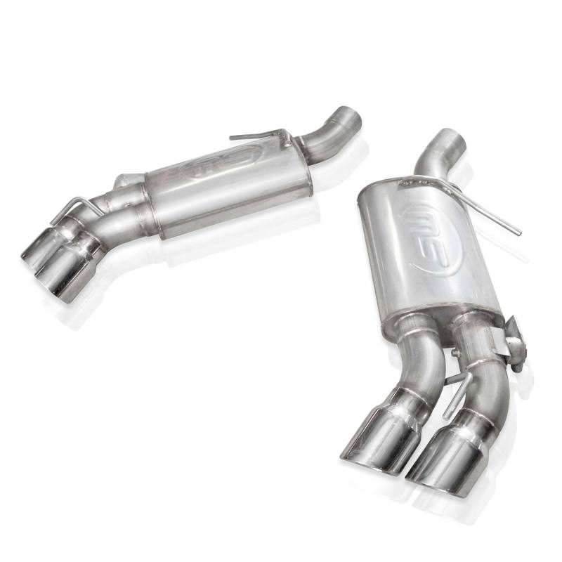 Stainless Works 2016+ Chevy Camaro SS axle back exhaust with red 3-inch quad tips, valve system, and factory connect design.