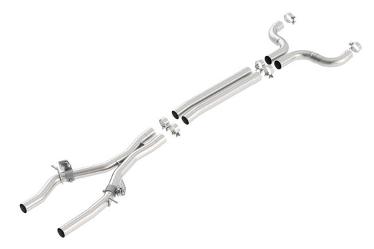 Borla X-pipe with mid pipes and AFM valves for 2016 Camaro SS 6.2L V8 engine, showing the stainless steel exhaust components.